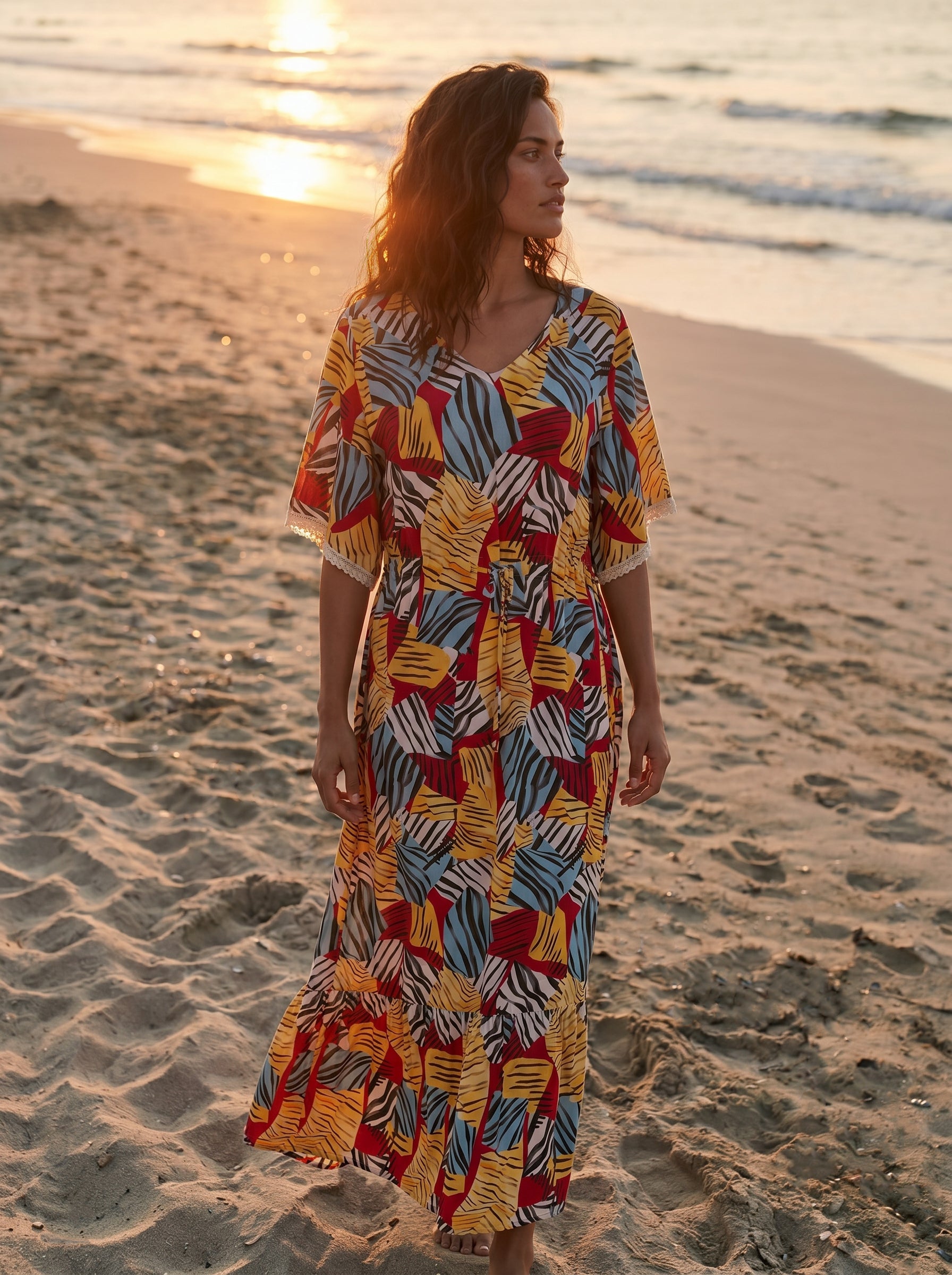 vestido largo estampado rojo con volante para mujer