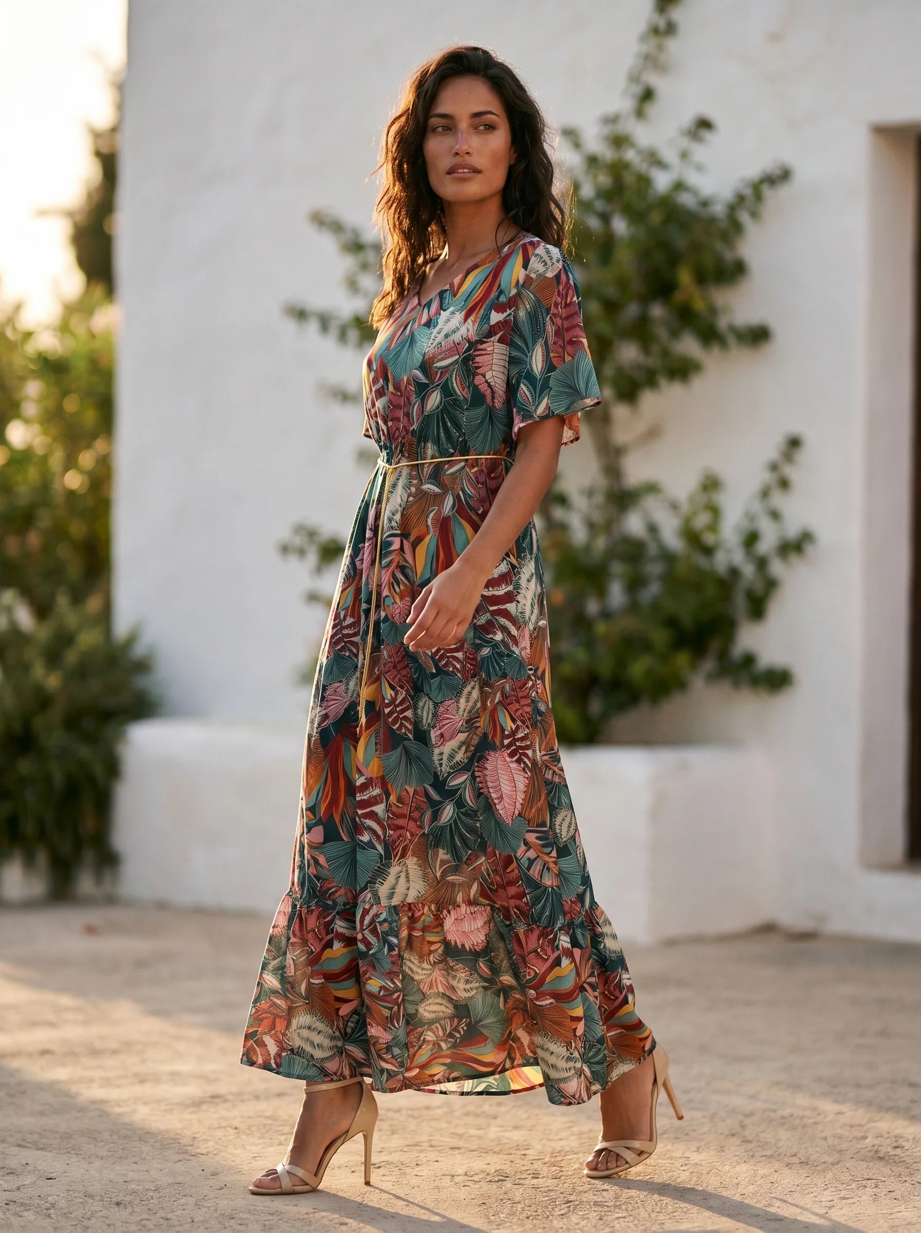 vestido largo estampado verde y marrón para mujer