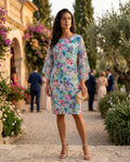 vestido estampado azul de gasa para evento mujer