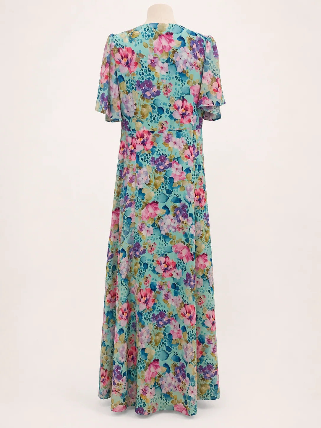 vestido estampado azul de gasa para evento mujer, vista trasera