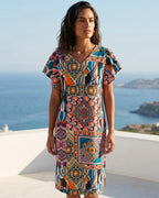 vestido estampado coral de mujer con escote en pico