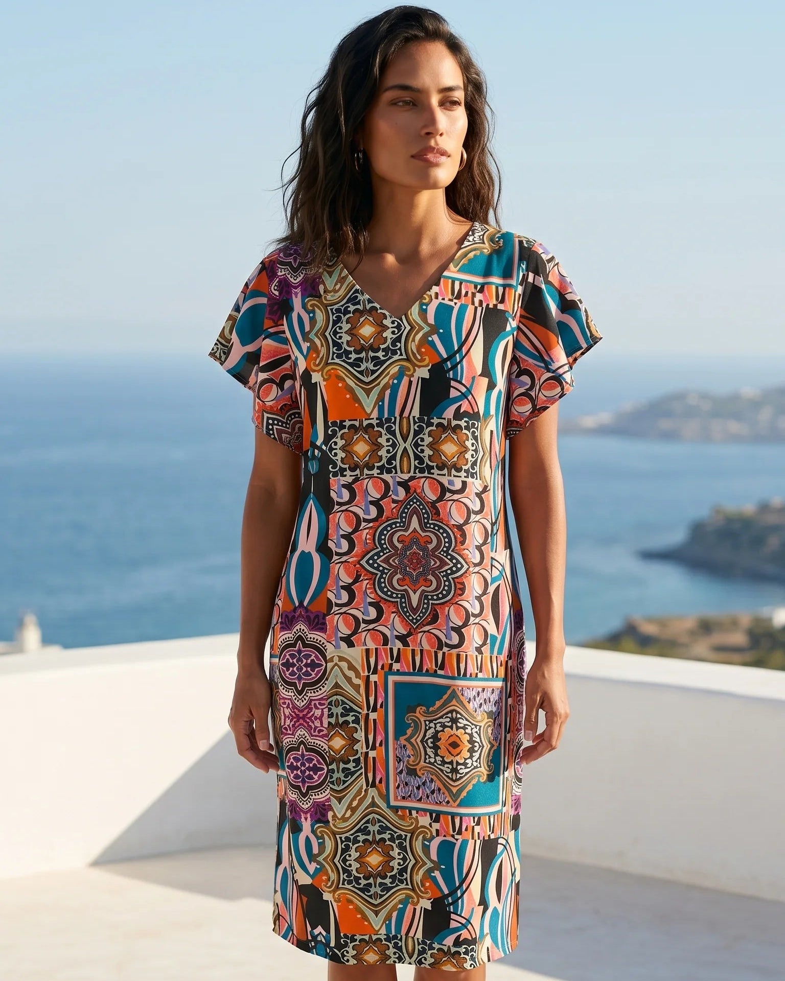 vestido estampado coral de mujer con escote en pico
