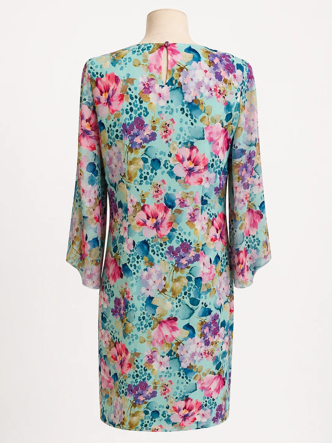 vestido de evento estampado azul de gasa para mujer, vista trasera
