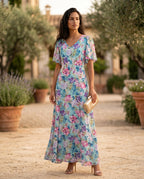 vestido largo estampado azul de gasa para evento mujer