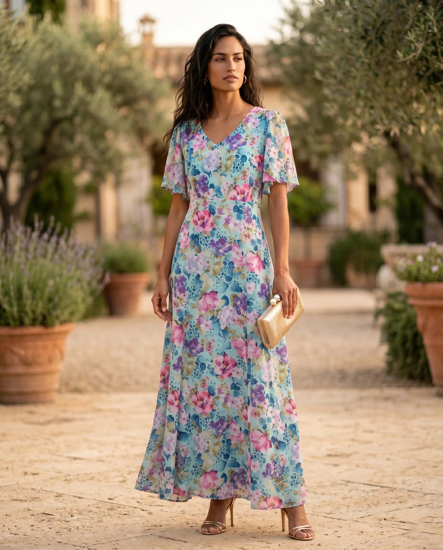 vestido largo estampado azul de gasa para evento mujer