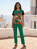 top estampado verde y naranja para mujer