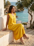vestido largo mostaza de mujer con volantes